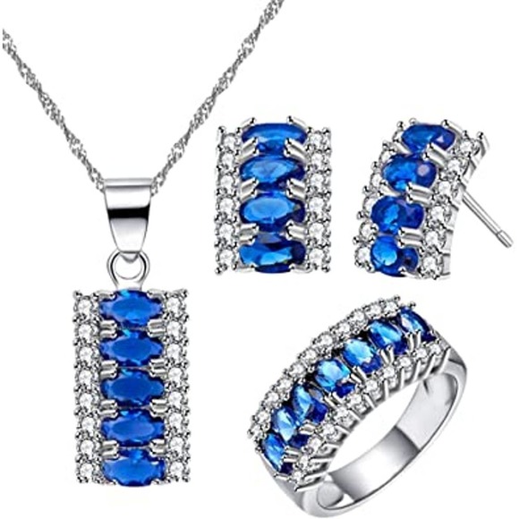Sapphire Crystal Necklace Earring Ring Set CZ Cubic Rhinestone Necklace Ring Ear - Picture 1 of 8